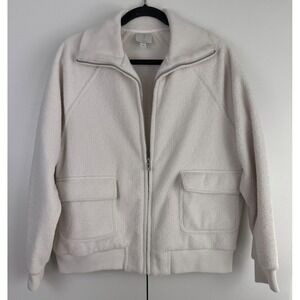 Joie Womens Cream Textured Full Zip Bomber Jacket Large Off White Flap Pockets